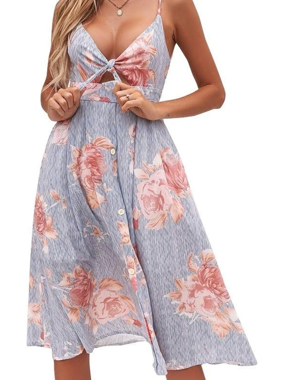 Fancyinn Blue Midi Dress with Pink Floral Print